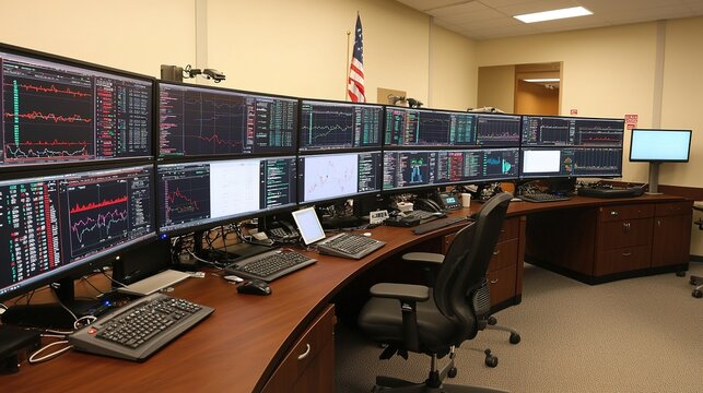 A modern trading room with multiple monitors displaying financial data, charts, and stock market analytics.