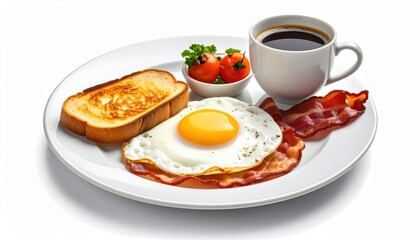 Delicious Breakfast Plate with Fried Egg, Crispy Bacon, Toast, Fresh Cherry Tomatoes and Hot Coffee on White Background