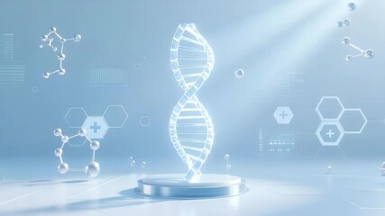 A high-tech abstract background featuring a glowing 3D DNA double helix structure, surrounded by floating molecular diagrams, hexagonal grids, and digital data nodes.  - Powered by Adobe