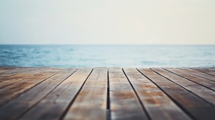 Wooden planks overlook calm ocean; serene coastal view