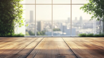 Wooden surface overlooks cityscape view, framed by greenery