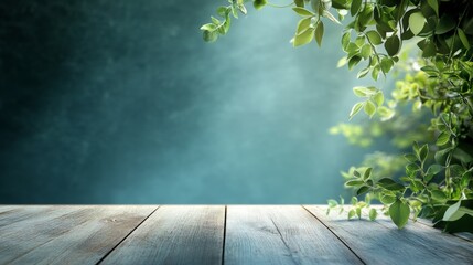 Wooden surface with green foliage backdrop, ideal for product display or nature themed designs