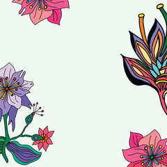 exotic colorful line art hand drawn flowers paper, card, banner, poster, wallpaper, texture, background illustration template