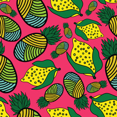 exotic lemons and pineapples tropical bold colored seamless pattern