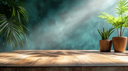 Wooden table with tropical plants, sunlight, teal backdrop