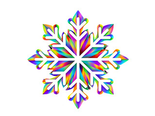 Colorful snowflake with rainbow gradient and white outline on black background isolated on a transparent background