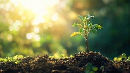 Young sprout emerges from soil, bathed in warm sunlight