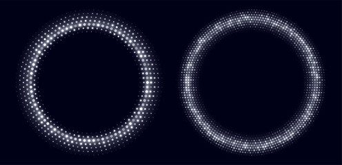Silver halftone frames, glowing circle borders, round pattern with dots, radial disco luxury design element. Vector illustration.