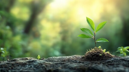 Young sprout emerging from soil, bathed in sunlight