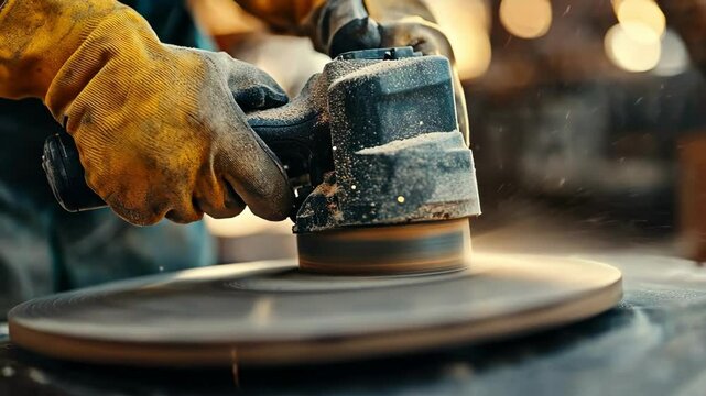 A craftsman grinding a wood surface, creating sparks in a workshop.