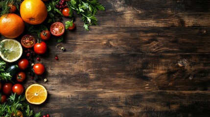 Vibrant fruits & vegetables on dark wood