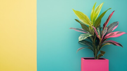 Vibrant plant in pink pot against yellow & teal background