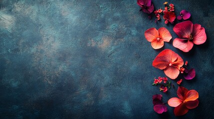 Vibrant red and purple orchid petals scattered on a dark textured background