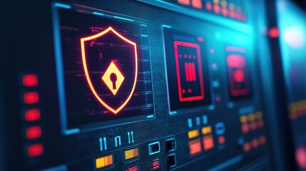 A digital dashboard displays cybersecurity icons and data, emphasizing protection and secure technology systems.