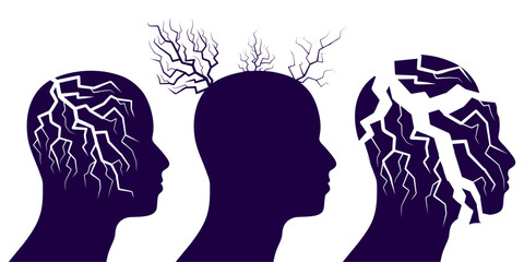 An electric lightning bolt strike in the shape of a human head. Brain function neurology health care symbol. Depression and stress. Brain damage, cognitive disfunction metaphor.