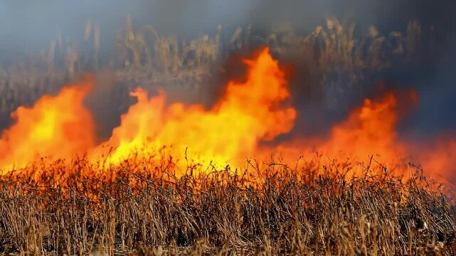 A dramatic scene of flames consuming a dry field.