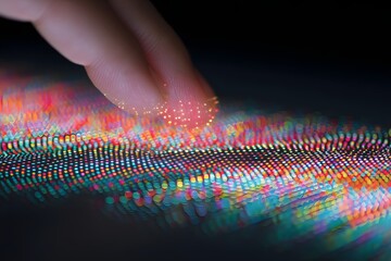 Close-up of a finger interacting with a colorful digital display, symbolizing technology's future