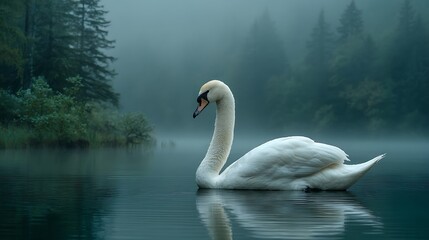 Fototapeta premium Swan gliding on misty lake
