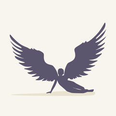 Fantasy woman angel with huge bird wings. Resting lady goddess.