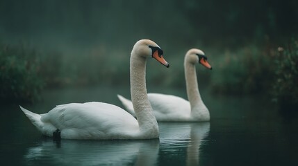 Fototapeta premium Swans glide on still water