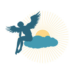 Fantasy woman angel with huge bird wings. Lady goddess sitting on cloud.