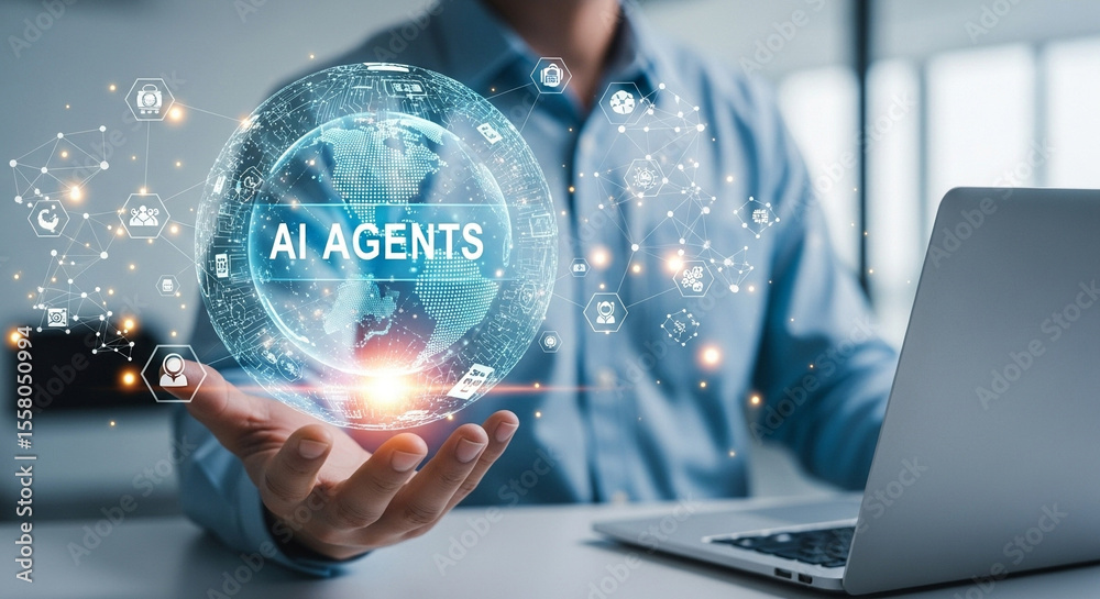 Aufkleber Man holding ai agents hologram with laptop in background showcasing technology integration concept