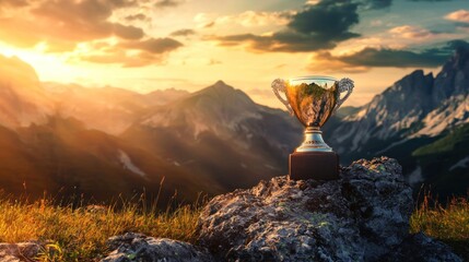 A golden trophy cup on a rocky mountain peak at sunset with a mountain range in the background.