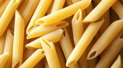Close-up of uncooked penne pasta. Golden-yellow, ridged tubes, overlapping, in a dense pile. High-angle view