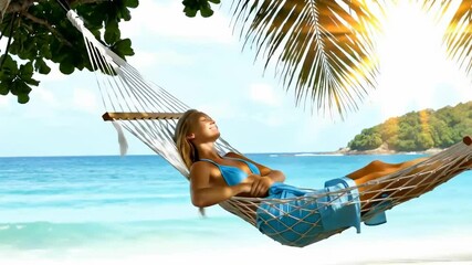 Young attractive lady relaxing in a hammock on a vacation at a sandy beach with emerald ocean waves in the background