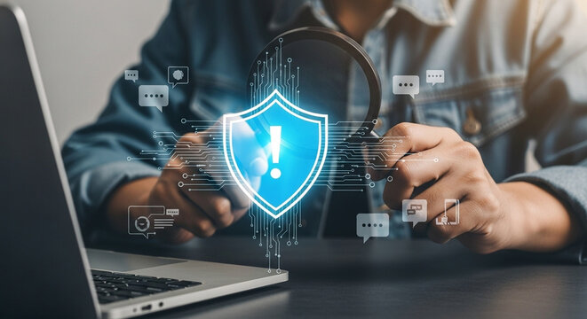 Person using magnifying glass on digital shield with laptop for cybersecurity analysis focus concept