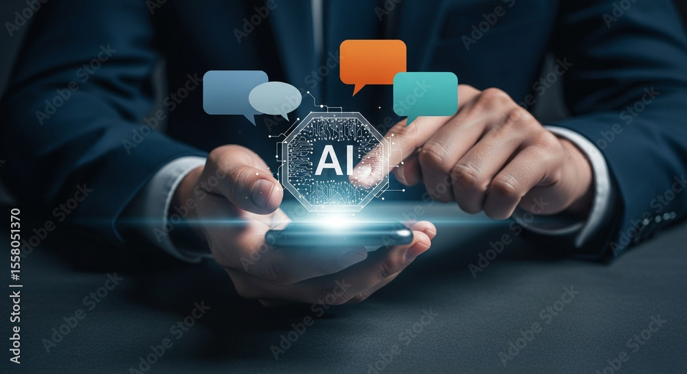 Aufkleber Person using a smartphone with ai interface and colorful speech bubbles above the screen display