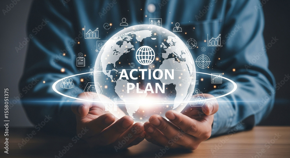 Poster Person holding globe with action plan text and data icons floating in a digital interface