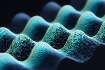 Abstract illustration of waves in blue and turquoise shades. This image of the undulating form evokes a sense of flow and movement, which is perfect for representing data, sound or the ocean