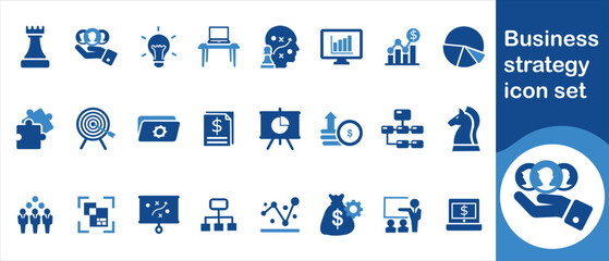 Business strategy icon set, strategy, business, hand, idea, teamwork, goal, stroke, set, outline, line, thin, symbol, growth, management, leadership, concept, success and more