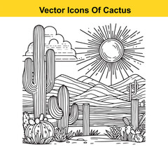 Cactus and Western Landscape &ndash; Black and White Desert Line Art Vector

