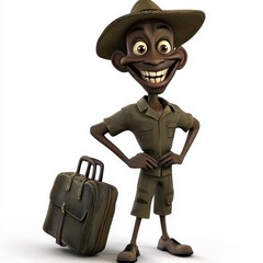 Smiling Cartoon Safari Guide with Luggage on White Background
