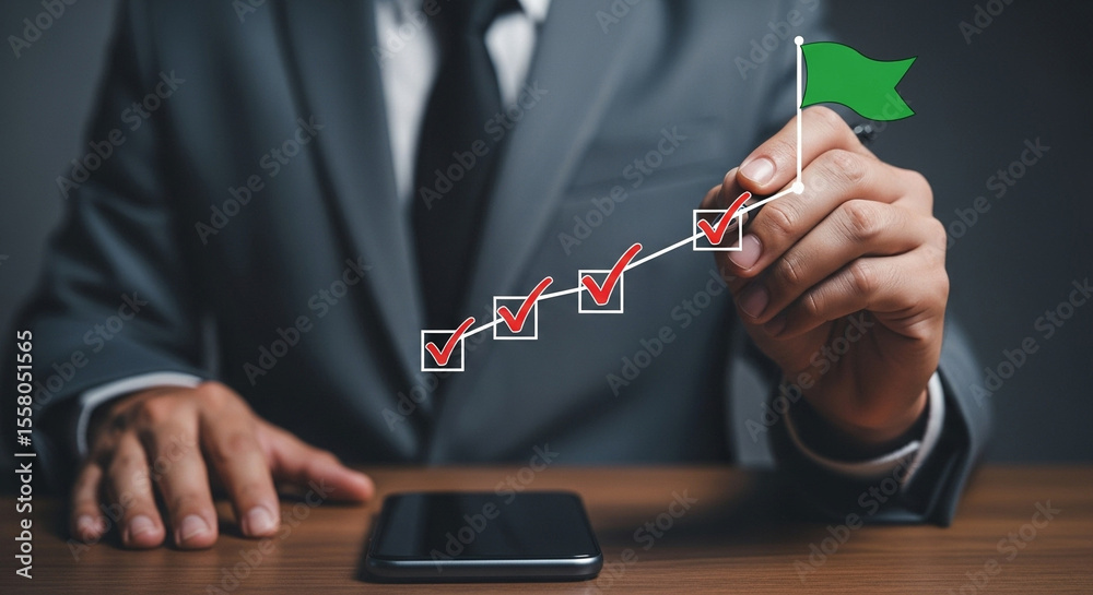 Poster a businessman drawing a checkmark chart with a green flag on a wooden table with a smartphone
