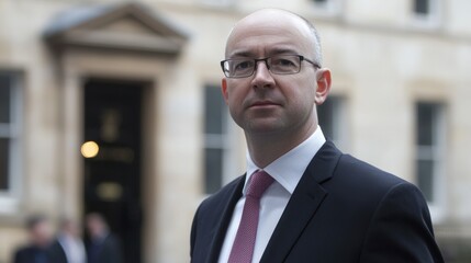 A bald man in a suit and tie standing in front of a building with a stone facade.