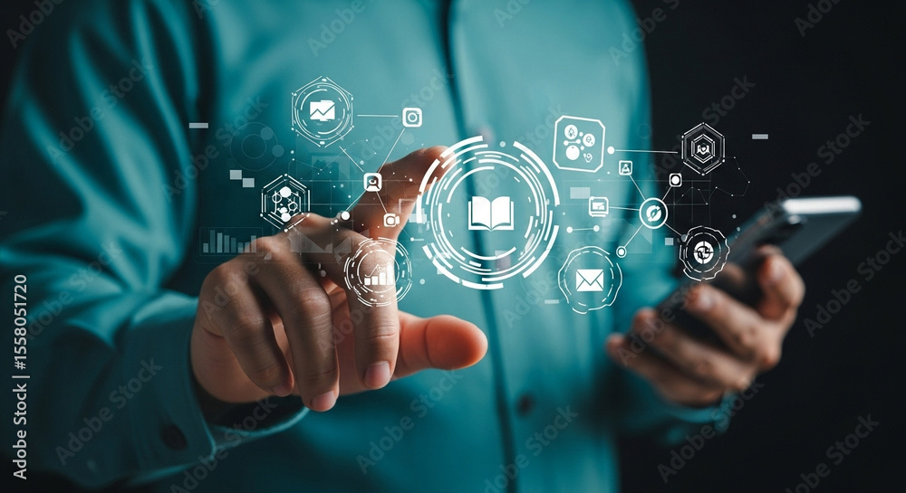 Poster person interacting with digital interface on phone showcasing data and network connections online