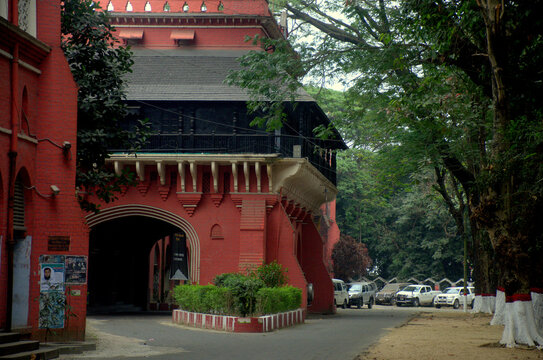 Colonial Red Brick Central Railway Building in Chittagong Bangladesh with Arched Gate, Historic British Era Architecture