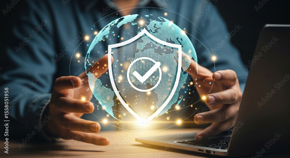 Poster person holding a globe with a shield and checkmark in front of a laptop with a blue shirt on