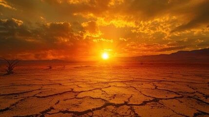 A dramatic sunset over a barren landscape with cracked earth and a lone tree in the distance.