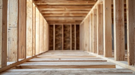 A wooden hallway with wooden beams and walls, illuminated by natural light from the windows at the end.