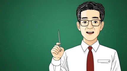 Smiling Male Teacher in Pixel Art Style Against Green Chalkboard