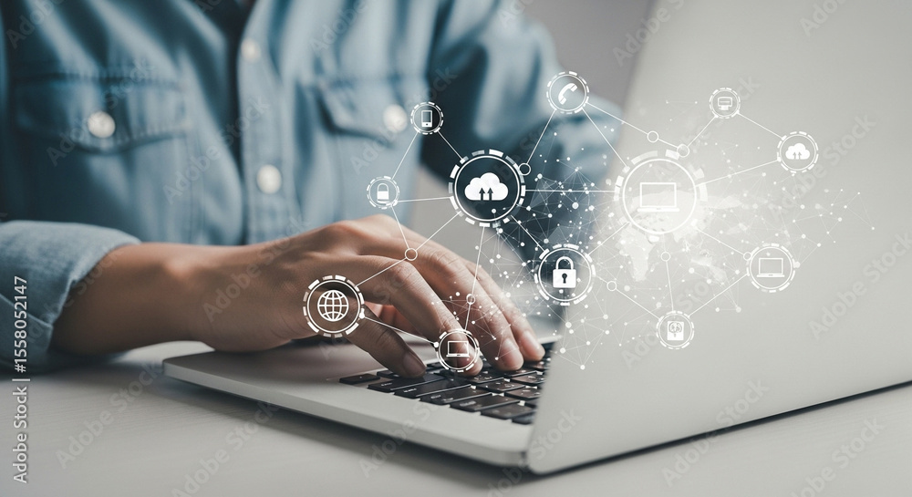 Poster person typing on laptop with cloud and security icons overlayed on the screen and around the hands