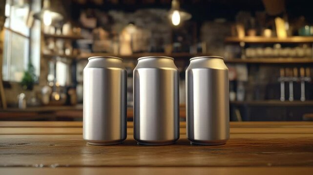 Three blank aluminum cans beverage drink container metallic shiny reflective on rustic wooden table in cozy cafe with warm ambient lighting, perfect for mockup or advertising branding