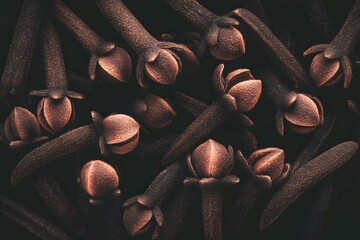 A close-up shot of several cloves, showcasing their delicate structure and rich, earthy color