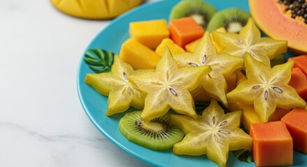 Colorful Tropical Fruit Plate Featuring Starfruit, Kiwi, Mango, and Papaya for Healthy Eating and Vibrant Presentation