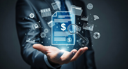 Businessman holding glowing document with dollar signs and data icons in his hand in dark background