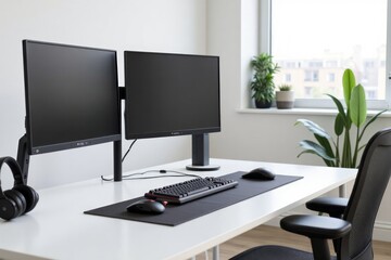 Fototapeta premium Workspace with dual monitors, keyboard, mouse, and headphones.